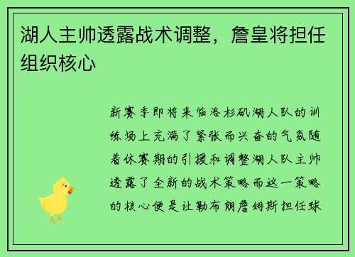 湖人主帅透露战术调整，詹皇将担任组织核心