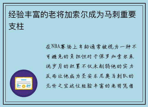 经验丰富的老将加索尔成为马刺重要支柱