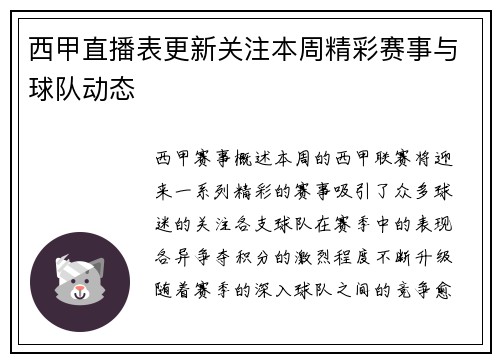 西甲直播表更新关注本周精彩赛事与球队动态